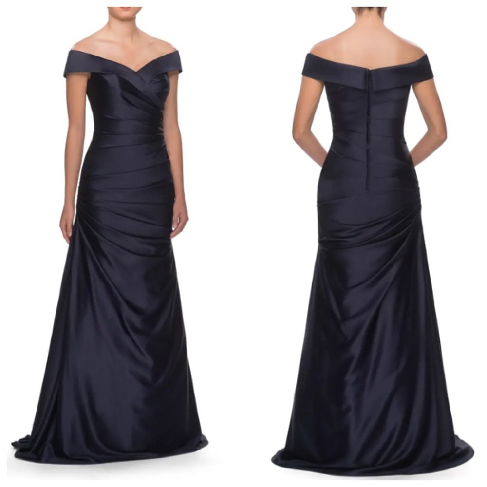 La Femme Off shoulder Ruched Satin Trumpet Gown